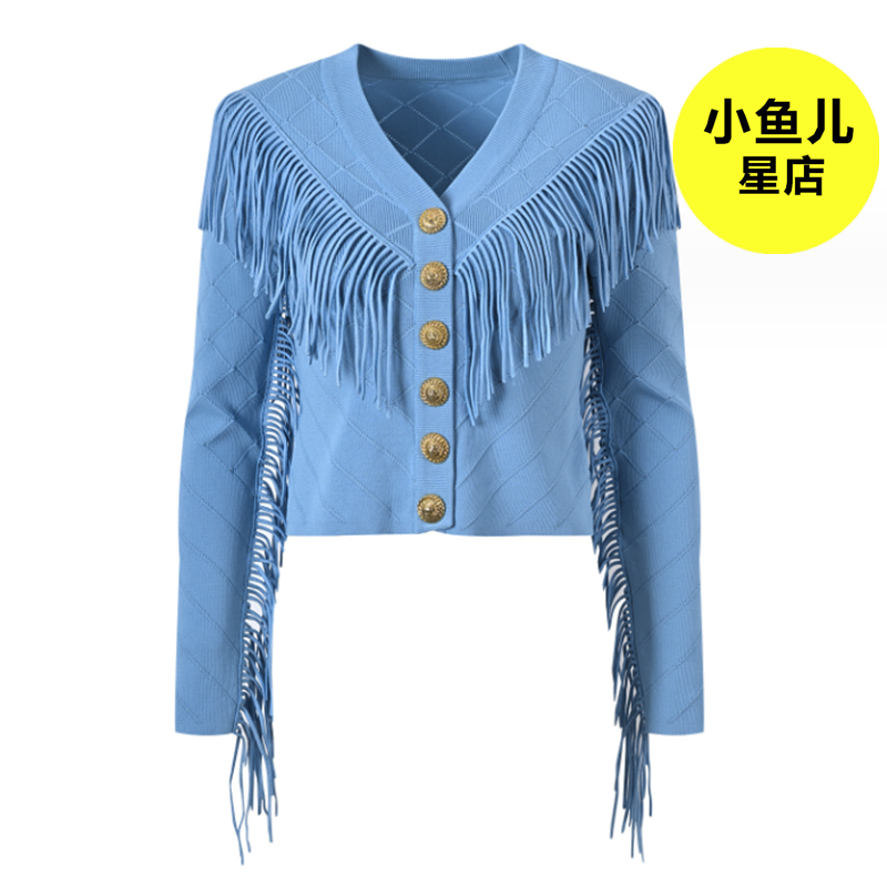 高端版 欧货巴黎气质菱格V领B@漫流苏修身显瘦时尚针织上衣开衫女