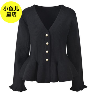 法式早春新款V领设计感荷叶边下摆褶皱木耳袖口时尚百搭针织开衫