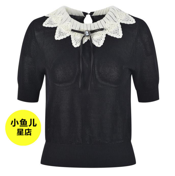 法式黑色针织衫女小个子2025夏季新款设计感钩花领娃娃领减龄上衣