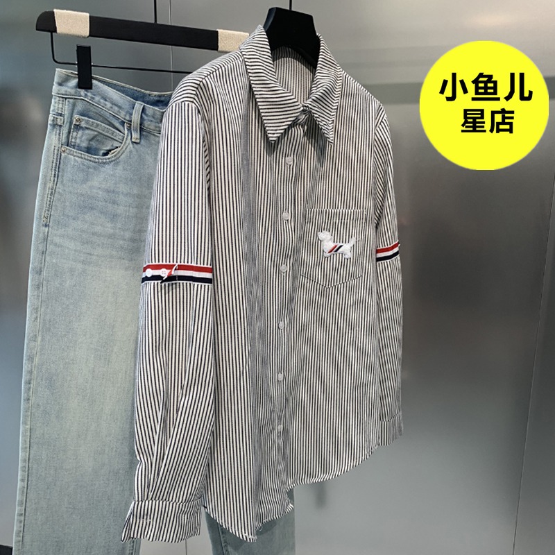法式复古TB宽松慵懒衬衣男女款秋季新款休闲刺绣狗竖条纹长袖衬衫