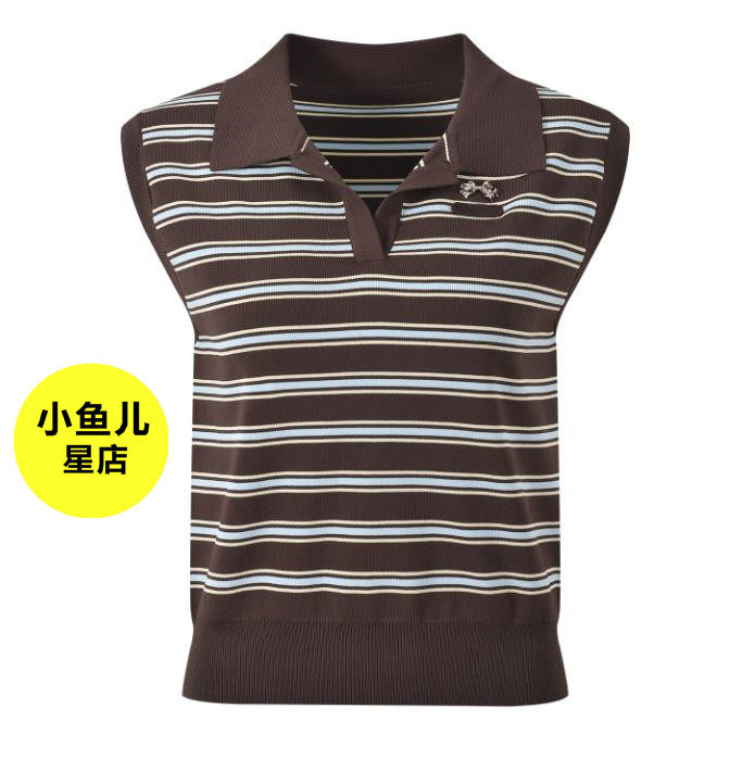 法式浪漫夏季新款撞色条纹时尚休闲百搭翻领针织T恤短款无袖上衣