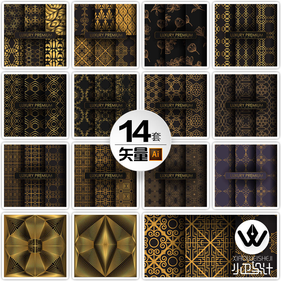 黑色背景金色图案花纹四方连续无缝拼接纹饰ai矢量平面设计素材图