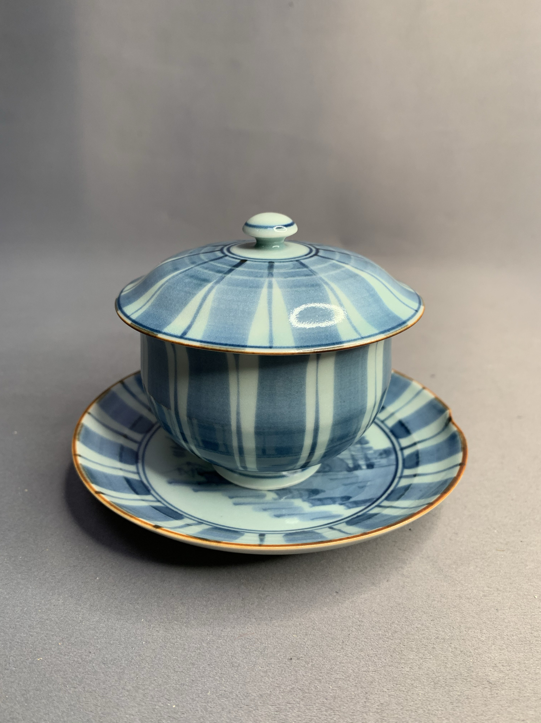 日本进口瓷器全新正品有田烧光右卫门作手绘青花山水盖杯茶杯
