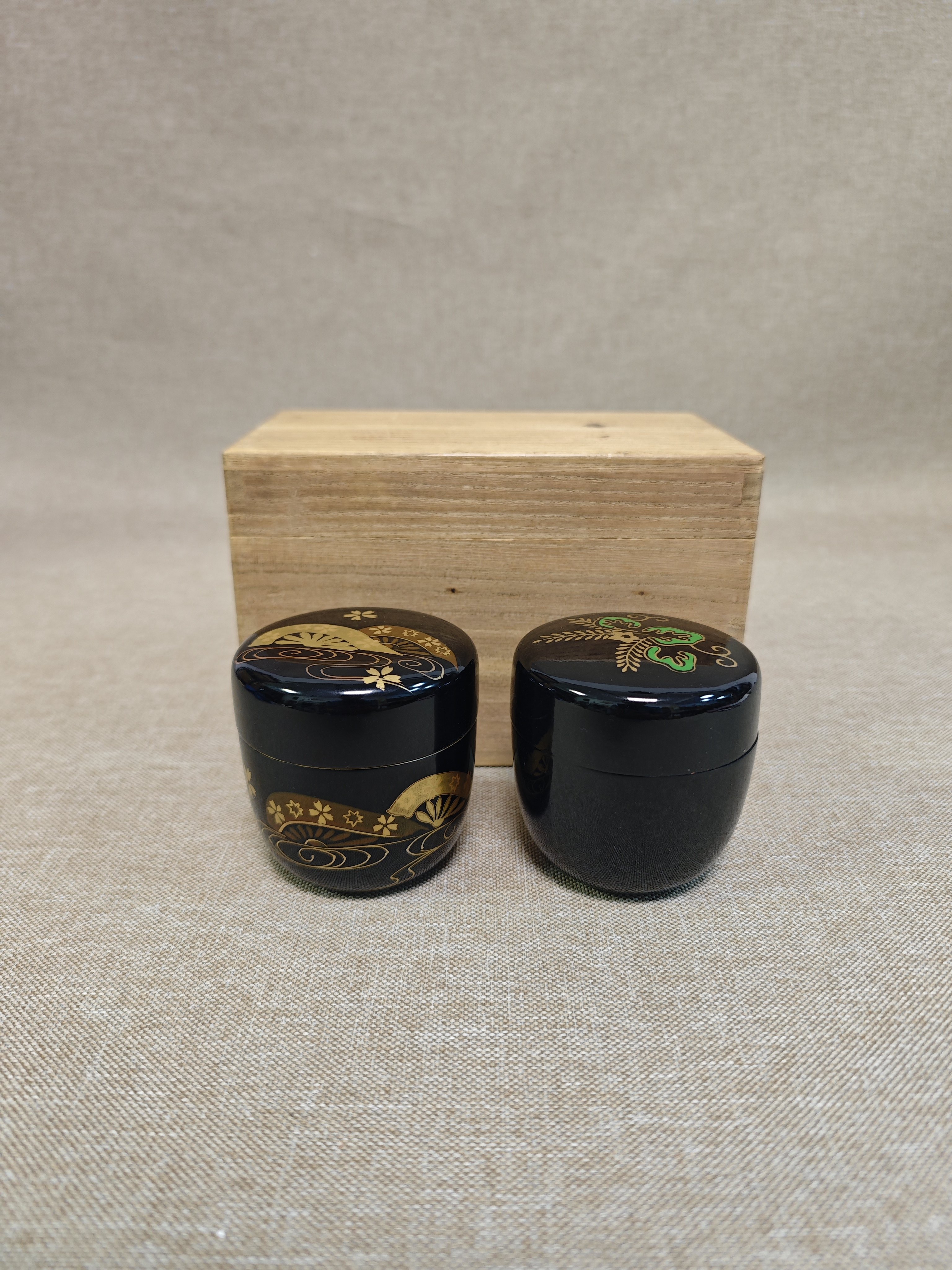 日本进口中古正品木胎漆器和木粉合成漆器金莳绘茶枣茶叶罐一对装