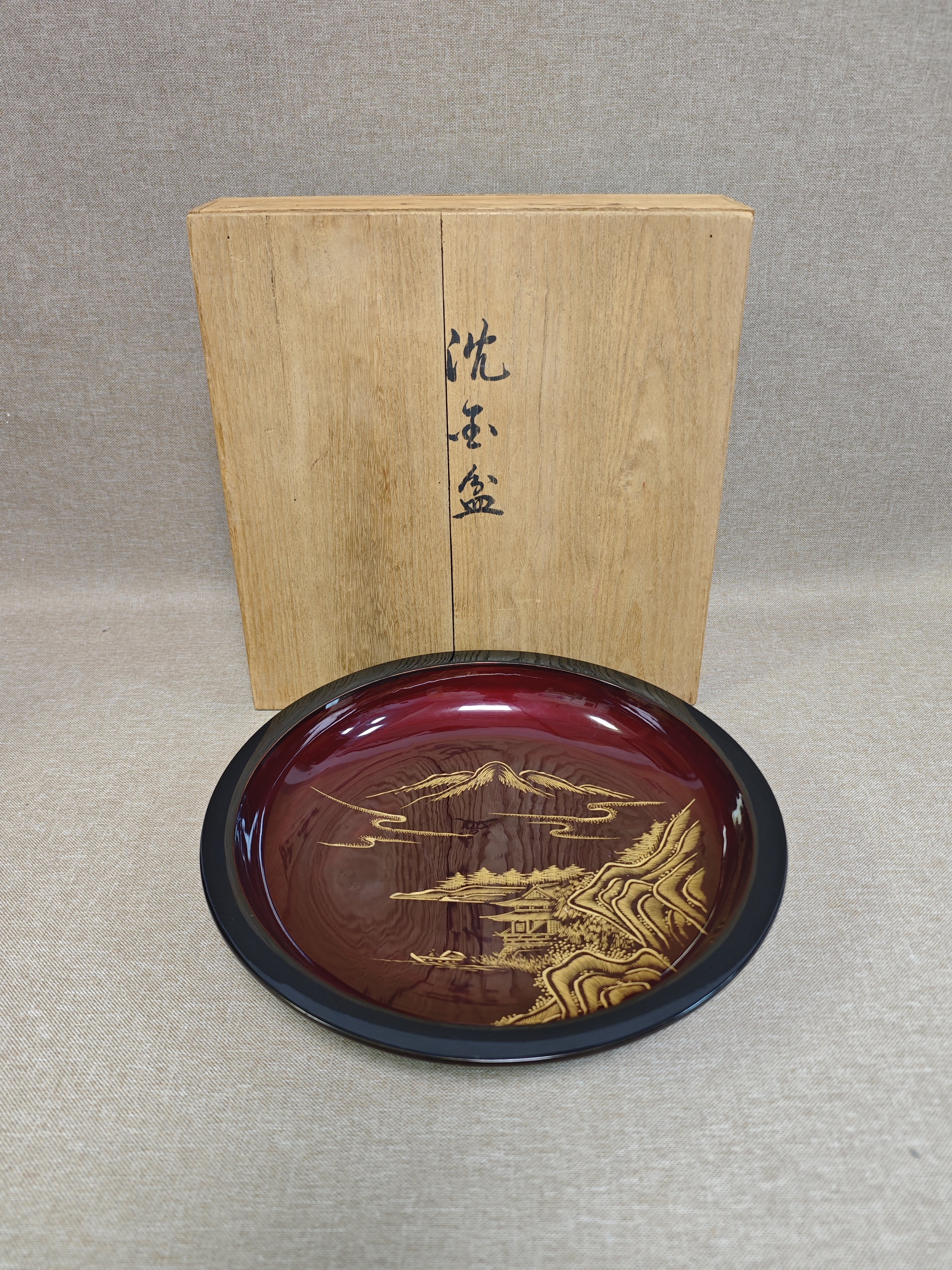 日本正品手工沈金工艺实木漆器大尺寸盛盆整木制作（老物件磨损）