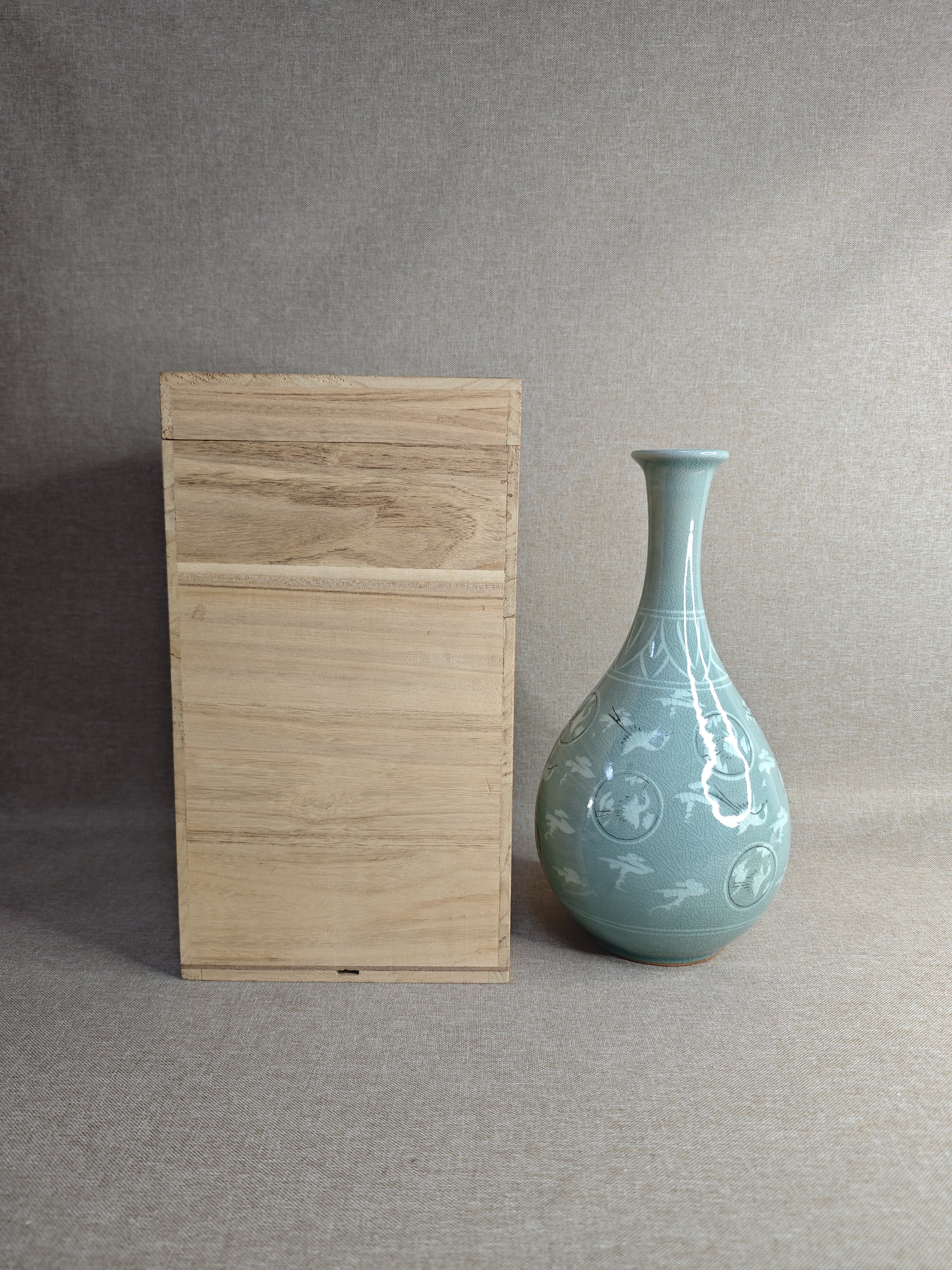 日本进口中古瓷器全新正品高丽青瓷永镇作手绘祥云仙鹤花瓶花器