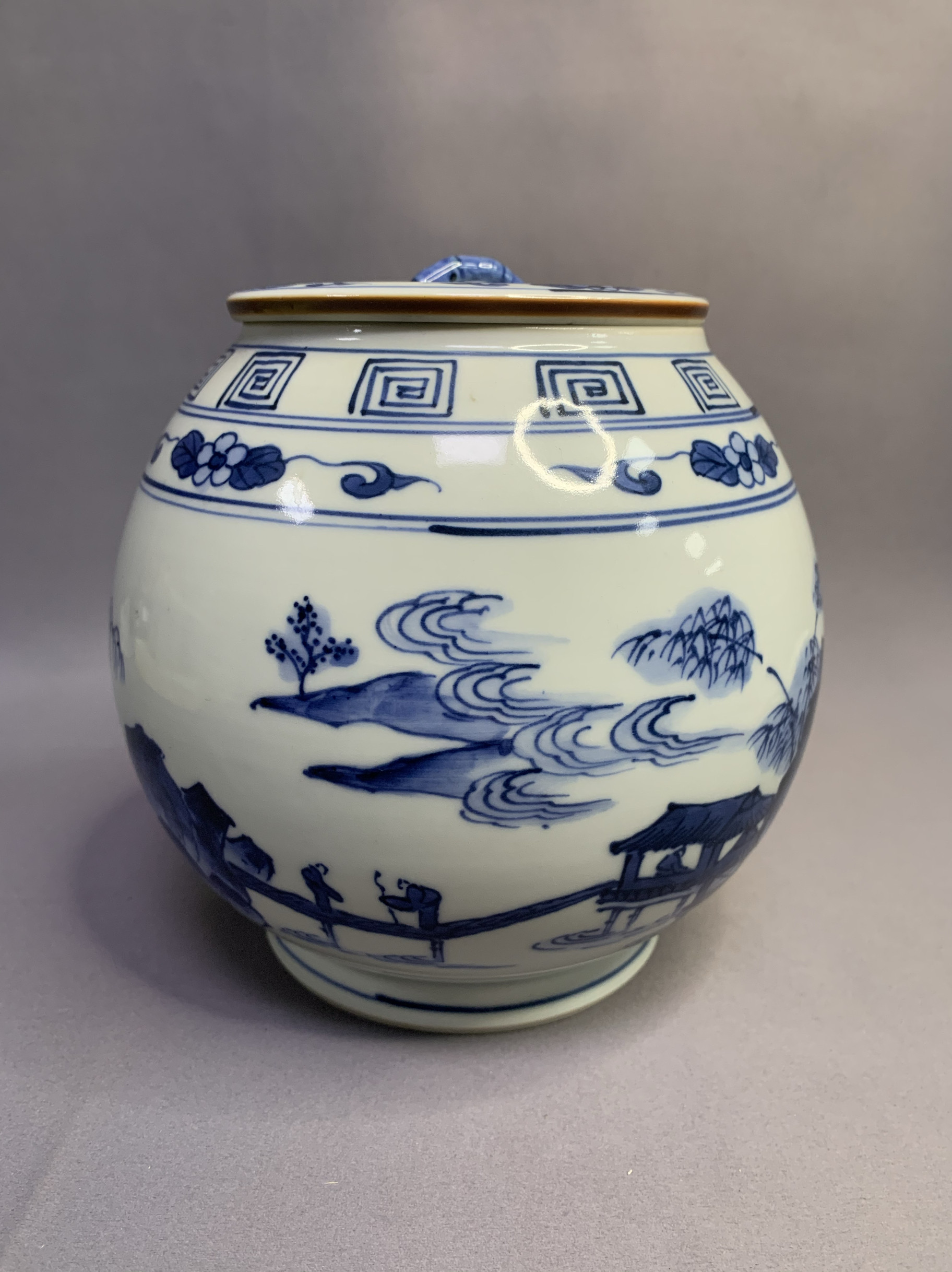 日本进口瓷器全品京烧手绘青花山水图水指盖罐无盒