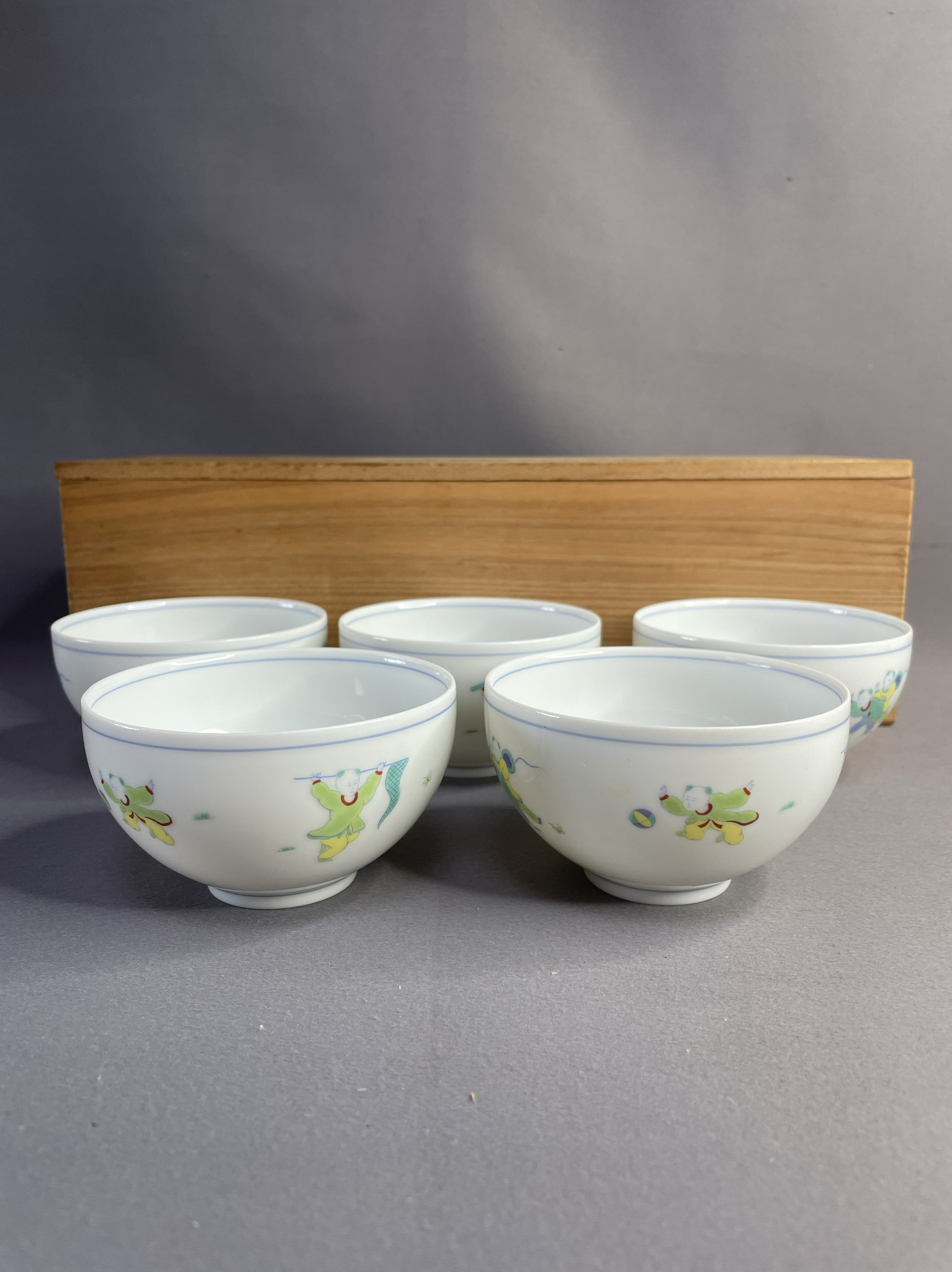 日本进口瓷器全新正品清水烧平安橘吉作唐子图五客杯茶杯