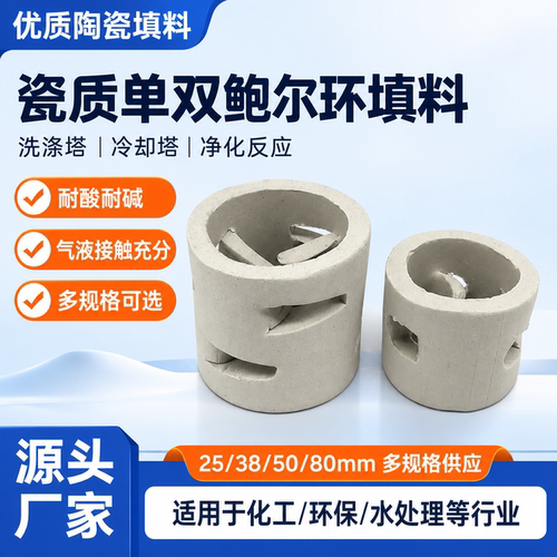 陶瓷单双鲍尔环填料 洗涤塔陶瓷散堆冷却塔净化反应25/38/50/80mm