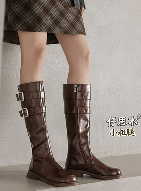 低跟长筒靴女粗腿棕色骑士靴胖mm