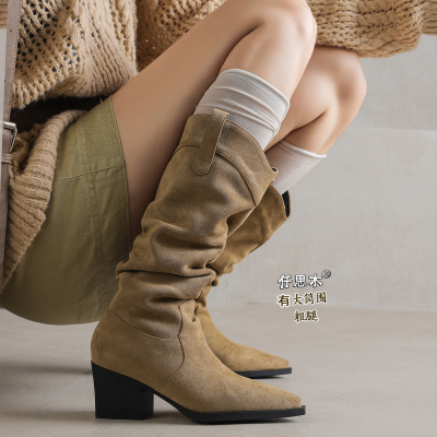尖头堆堆靴女高跟大码长筒靴粗腿