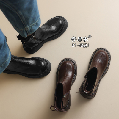 厚底短靴女秋冬圆头大码女鞋胖脚