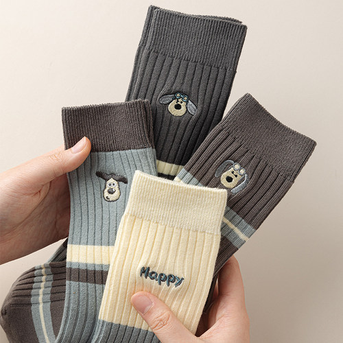 【5双装】秋日的轻奢穿搭手包配袜子双针刺绣灰色系条纹中筒