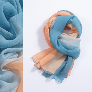 女士褶皱 长款 纯色渐变真丝顺纡绉100%桑蚕丝丝巾围巾春秋夏季 薄款