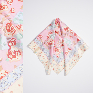 女小丝巾 碎花粉色65cm斜纹绸真丝中小方巾100%桑蚕丝百搭春秋夏季