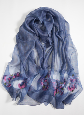 蝴蝶兰刺绣蓝色真丝羊毛长款围巾披肩两用女春秋冬季百搭保暖妈妈