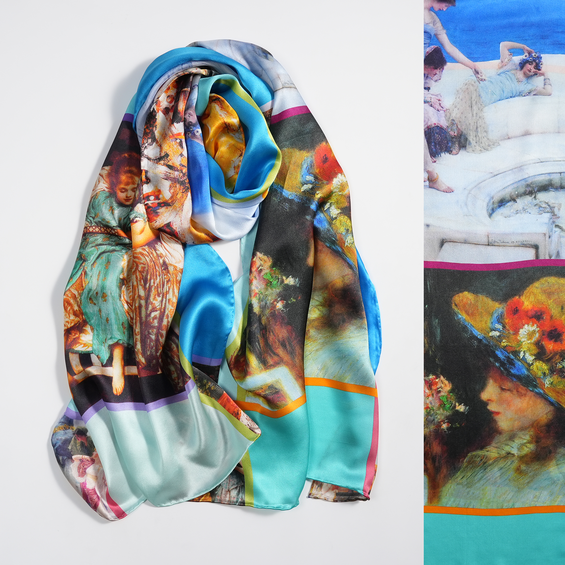 画境柔帛100%桑蚕丝真丝喷绘素绉缎长丝巾围巾披肩春秋季妈妈中年