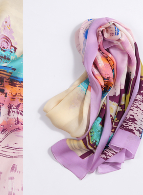 紫色印花真丝乔其缎100%桑蚕丝长丝巾围巾春秋冬季女妈妈中年丝绸