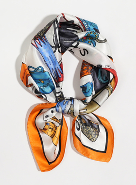 橙色卡通53cm真丝素绉缎小方巾100%桑蚕丝薄款女丝巾春夏秋季新款