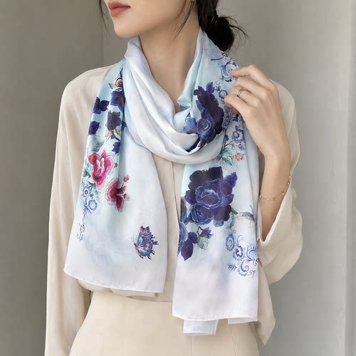 中国风桑蚕丝素绉缎披肩丝巾女