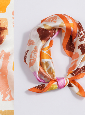 橙色涂鸦53cm真丝小方巾100%桑蚕丝丝巾春秋夏季女士薄款百搭丝绸