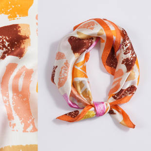 橙色涂鸦53cm真丝小方巾100%桑蚕丝丝巾春秋夏季 百搭丝绸 女士薄款