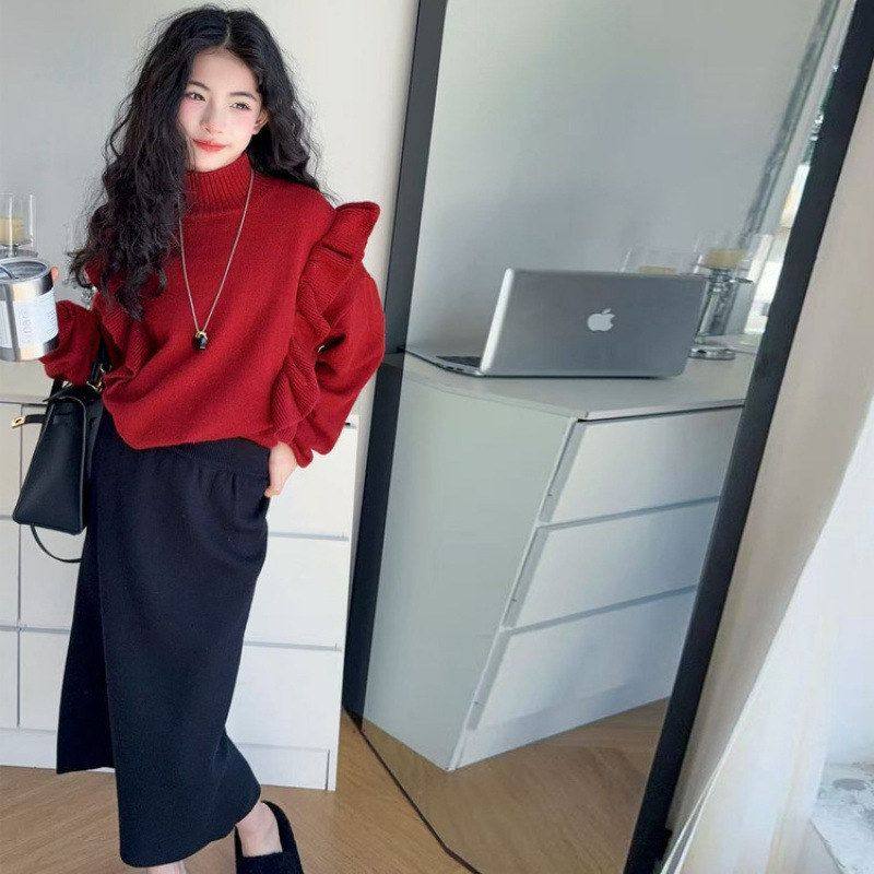 女童毛衣秋冬季洋气时髦红色中领荷叶边袖打底外穿针织衫儿童上衣