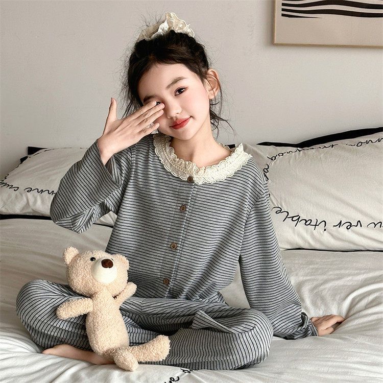 女童条纹睡衣套装2025新款春装女孩甜美花边圆领家居服休闲两件套