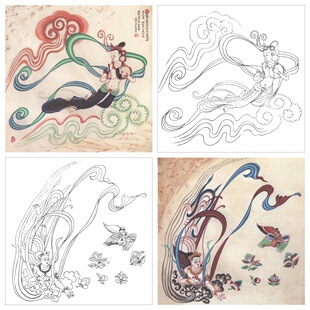 敦煌飞天线稿中国风古典人物绘画底稿国画工笔泥板壁画素材打印稿