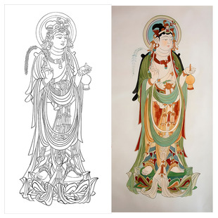 榆林窟25窟观音菩萨白描底稿线稿敦煌佛像壁画高清实物临摹打印稿