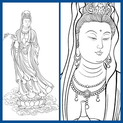 南无观世音菩萨白描底稿莲座站姿佛像线稿高清实物杨枝观音打印稿