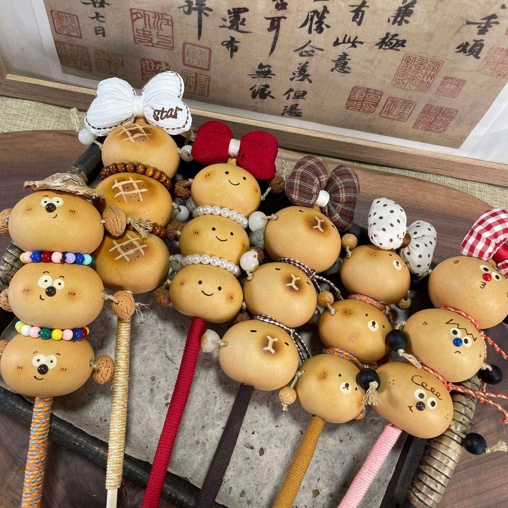 热卖手工葫芦福字拨浪鼓糖葫芦文玩刻画摆件小葫芦挂饰烙画摆件