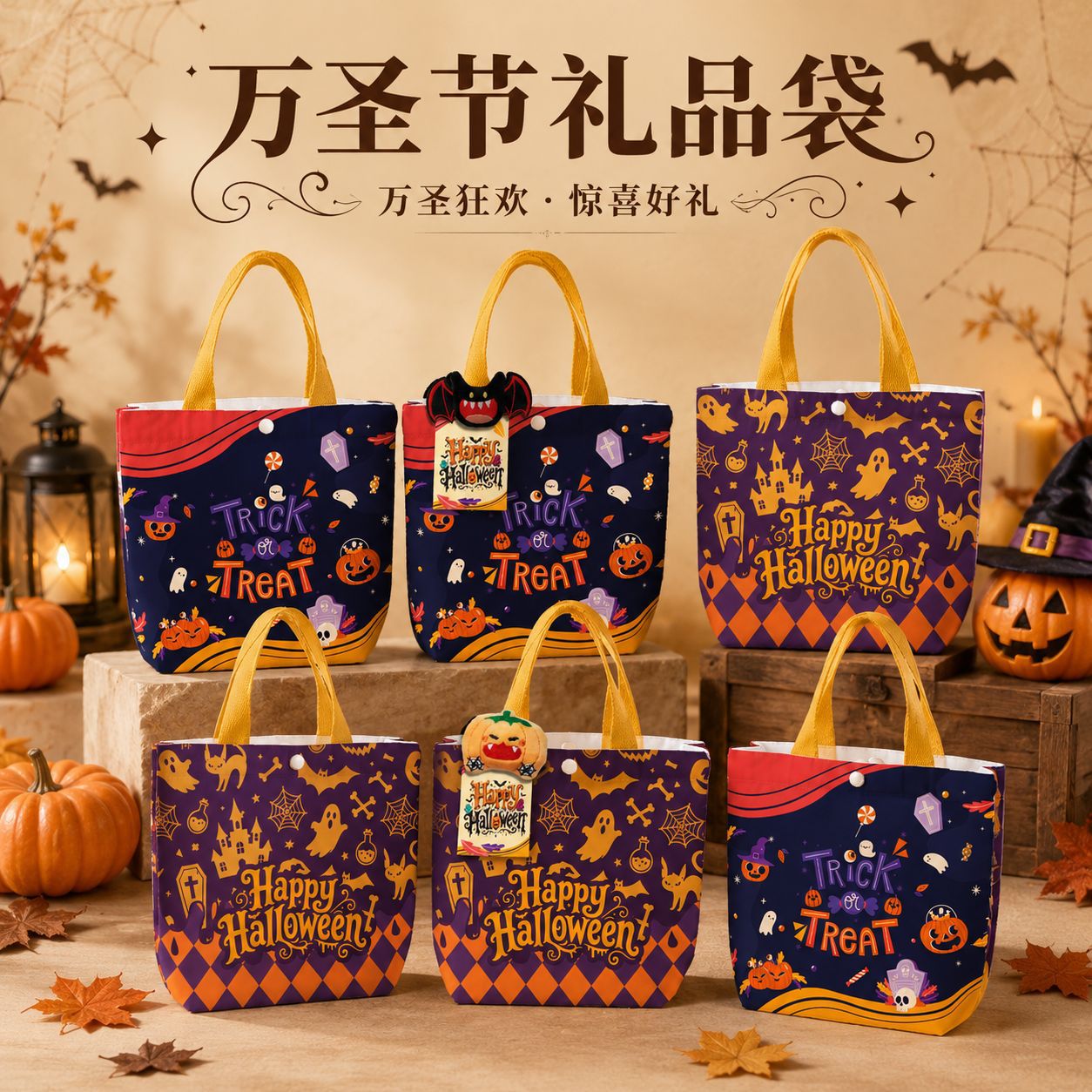 万圣节礼品袋女巫幽灵恐怖元素装饰道具糖果袋帆布包装手提袋