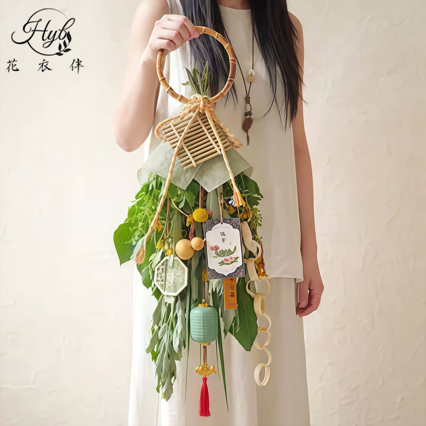 端午节天然竹圈圆环艾草门挂花束挂件新中式手提手柄祈福安康花艺