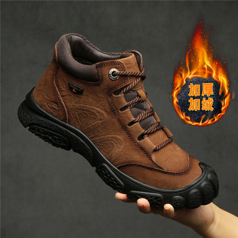 德国骆驼动感头层牛皮户外高筒休闲皮鞋男加绒保暖真皮棉鞋工装鞋