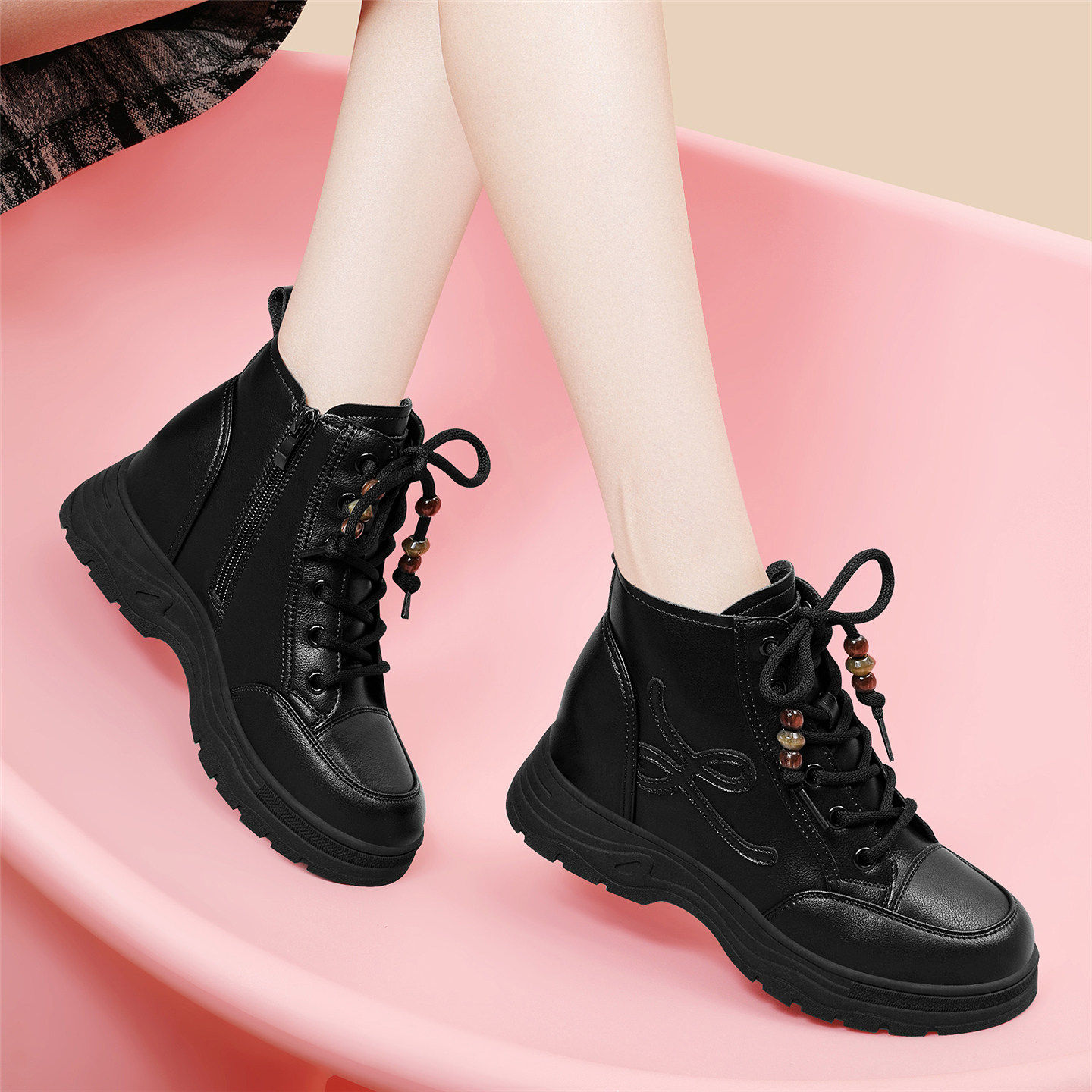 真皮加绒马丁靴2025年新款女冬季厚底系带短靴百搭小个子保暖棉靴,女鞋,时尚雪地靴,淘宝优惠券,粉丝福利购,淘宝优惠卷