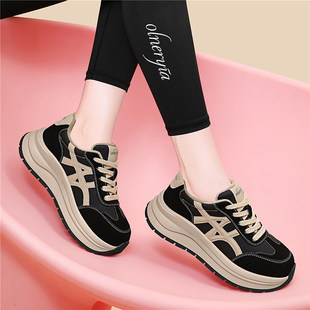 真皮女鞋黑色厚底运动鞋2025新款秋冬季加绒防滑软底不累脚休闲鞋