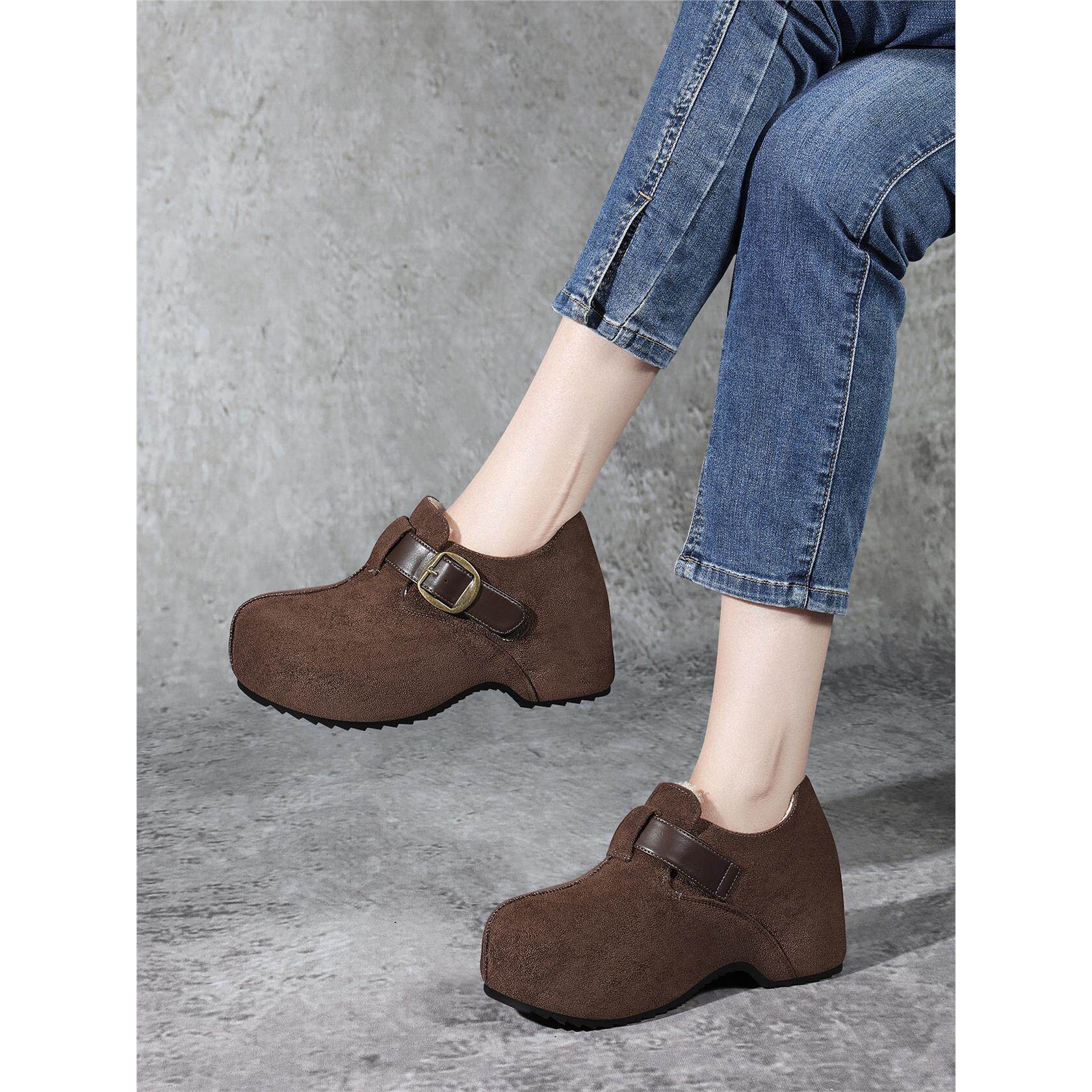 勃肯鞋女2025年秋冬季加绒金属扣带厚底增高舒适休闲鞋棕色磨砂皮