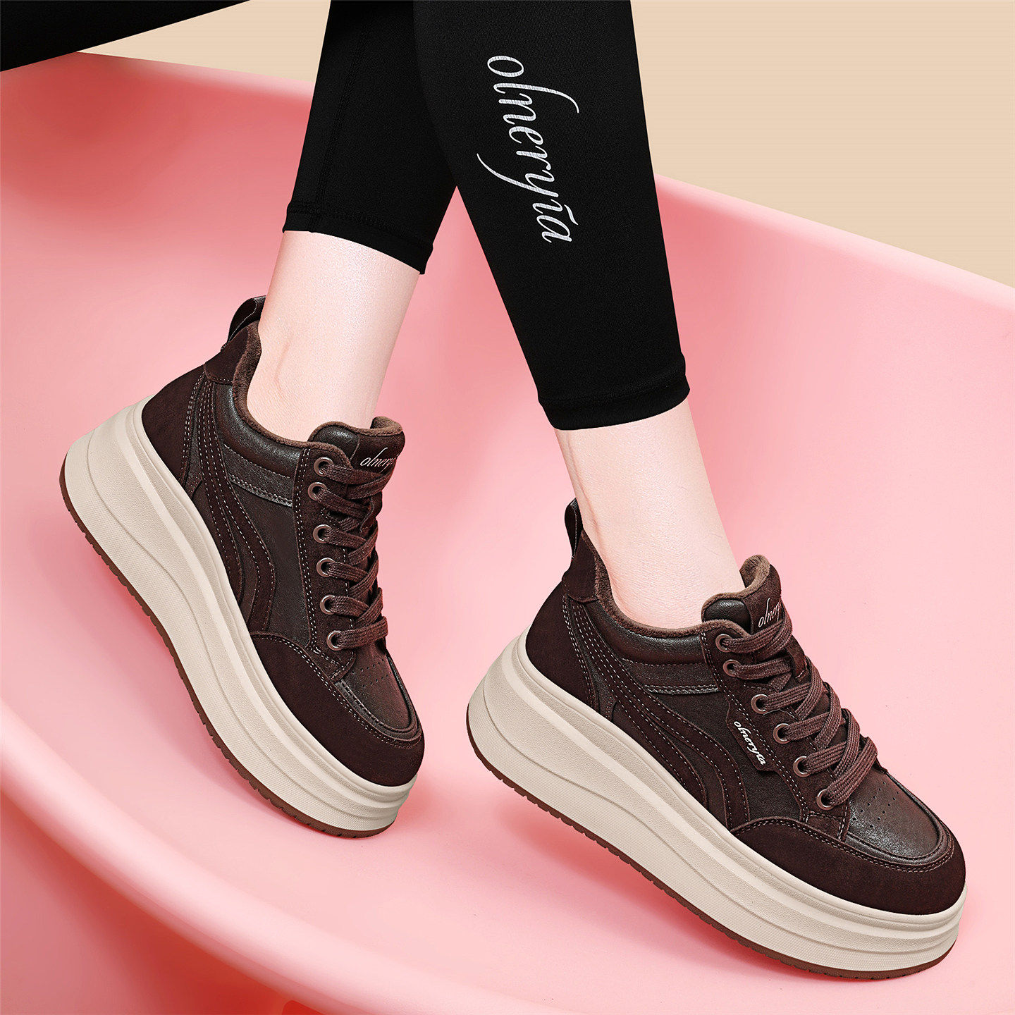 厚底健步鞋2025年秋冬季女真皮增高运动鞋时尚系带跑步鞋防滑软底