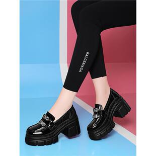 品牌厚底真皮乐福鞋女新款百搭法式覆古高跟水钻黑色英伦风小皮鞋