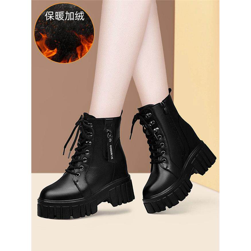 潮牌真皮内增高马丁靴女小个子8cm10cm短靴新款加绒厚底高跟靴子