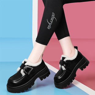 真皮2025年新款冬季爆款百搭厚底休闲加绒小皮鞋女鞋大头鞋乐福鞋