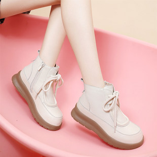 白色真皮女鞋2025新款冬季头层牛皮保暖厚底防滑舒适系带休闲短靴