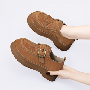 2025春秋季新款厚底复古绒面乐福鞋女2026新款英伦风深口单鞋子