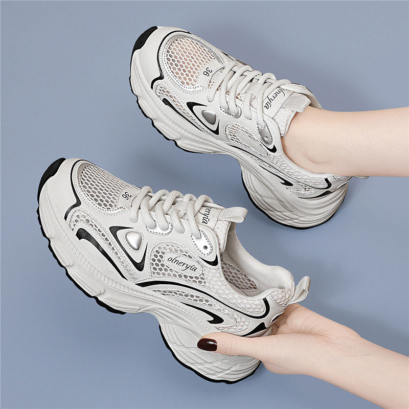 真皮凉鞋女款2025新款夏季厚底小白鞋网鞋透气网面运动休闲 洞洞