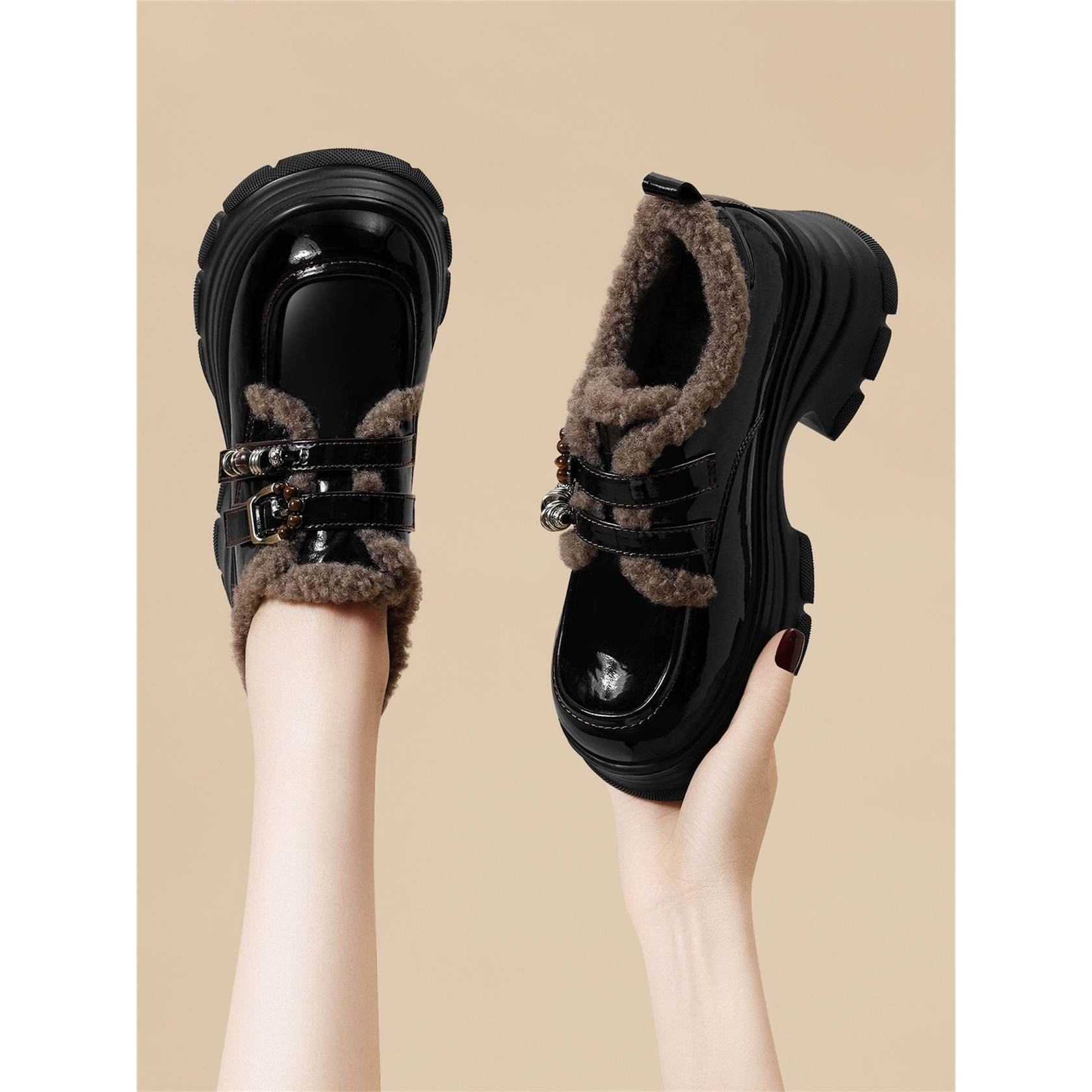 加绒厚底乐福鞋女2025冬季新款羊羔绒保暖英伦风黑色小皮鞋女34码,女鞋,乐福鞋（豆豆鞋）,淘宝优惠券,粉丝福利购,淘宝优惠卷