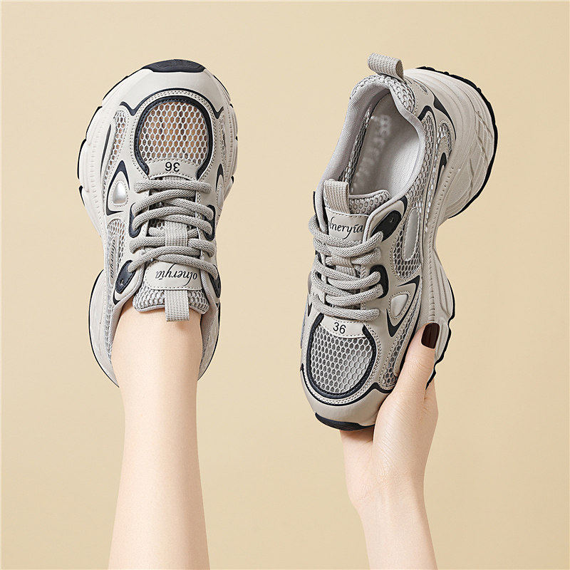 真皮凉鞋女款2025新款夏季外穿薄款老爹鞋厚底网面透气休闲运动鞋