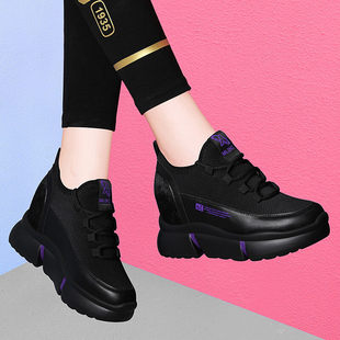 老爹内增高运动鞋女款加绒冬季2025新款系带旅游休闲黑色厚底妈妈
