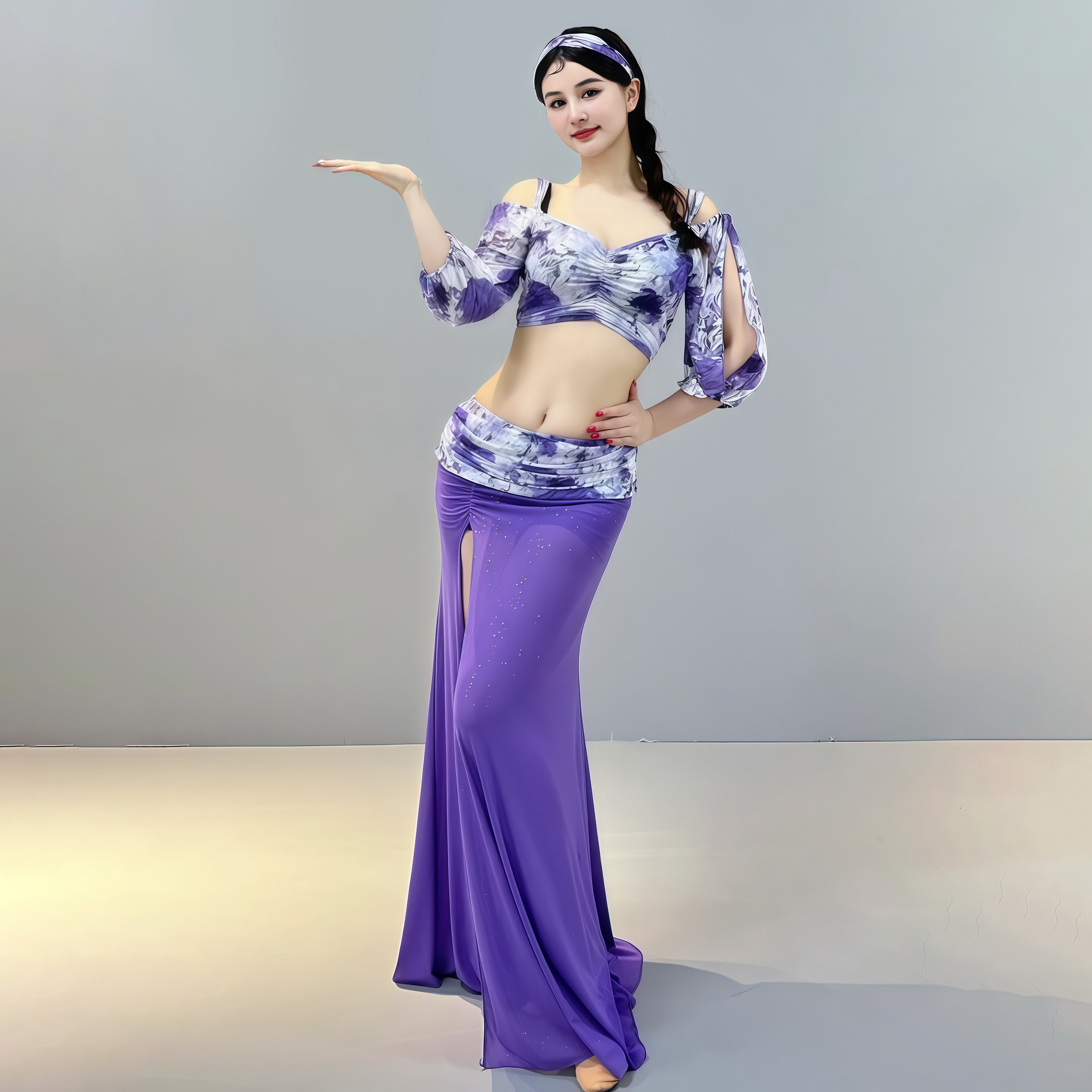 舞娘夏季碎花高开叉长裙