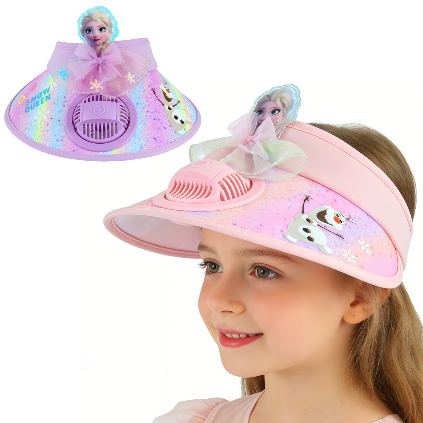 艾莎公主金粉充电款风扇防晒帽子男女孩儿童防紫外线空顶夏季宝宝